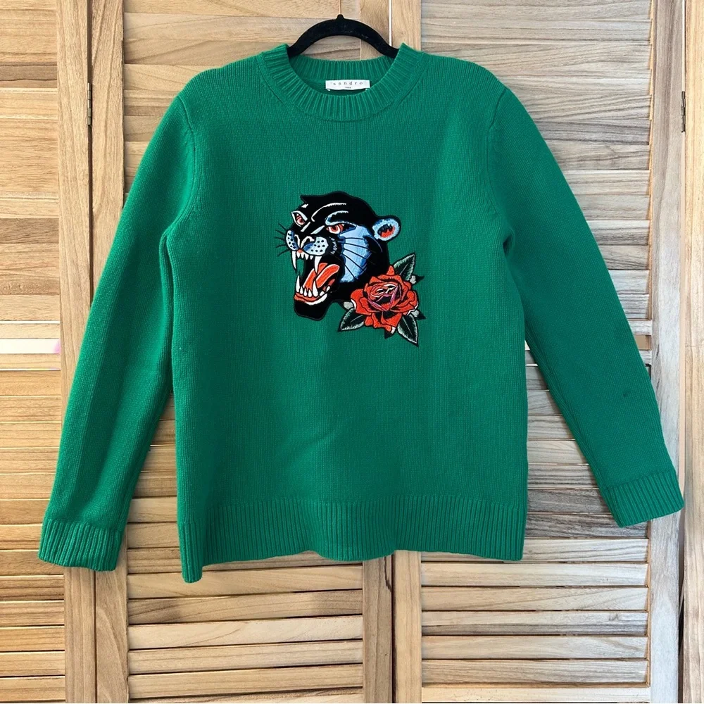 Sandro Wool Pullover Graphic Print Sweater in green size M